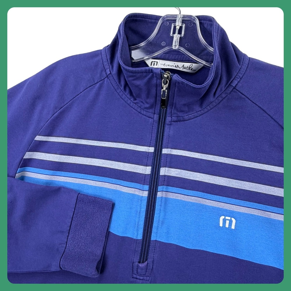 TravisMathew 1/4 Zip Pullover Men Large Blue Striped Golf Avery Ranch Club TX